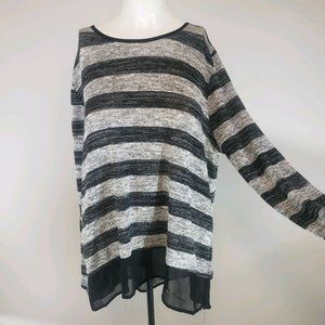 Lane Bryant Black and Gray Striped Metallic Hi Lo Blouse slit back size 14/16